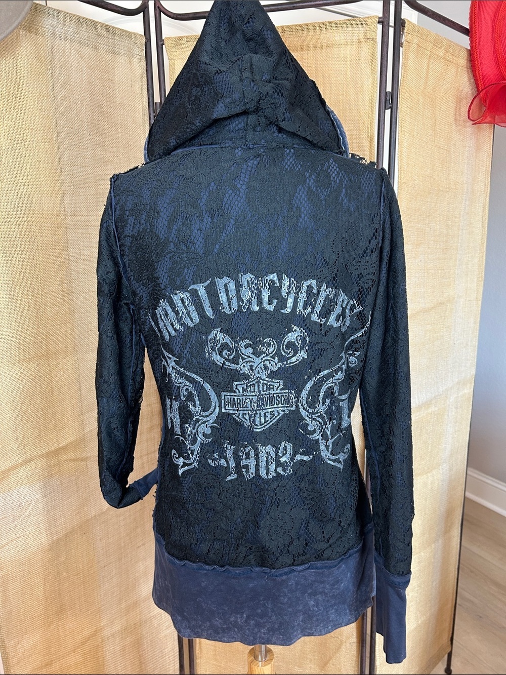 Y2K Harley Davidson Women's Reversible Full Zip Hoodie Blue Black Lace overlay M - Picture 7 of 16